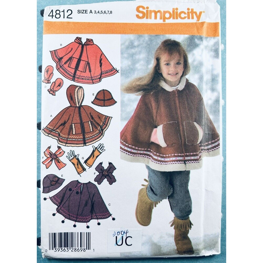Sewing Pattern Simplicity 4812 Sz 3-8 Childs Poncho Hat Scarf Mittens Uncut 2004